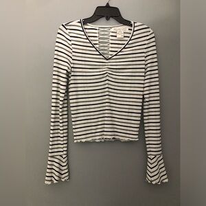 American Rag Cie XS Long Sleeve White Black Striped Shirt Criss Cross Lace Back